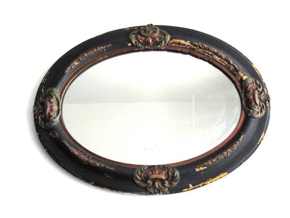 Antique Black Oval Mirror Wood Frame Bathroom Mirrors With | Etsy With Regard To Black Wood Wall Mirrors (View 10 of 15)