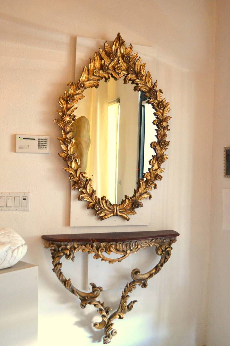 Antique Italian Gold Leaf Mirror And Console Table For Sale At 1stdibs With Ring Shield Gold Leaf Wall Mirrors (View 3 of 15)