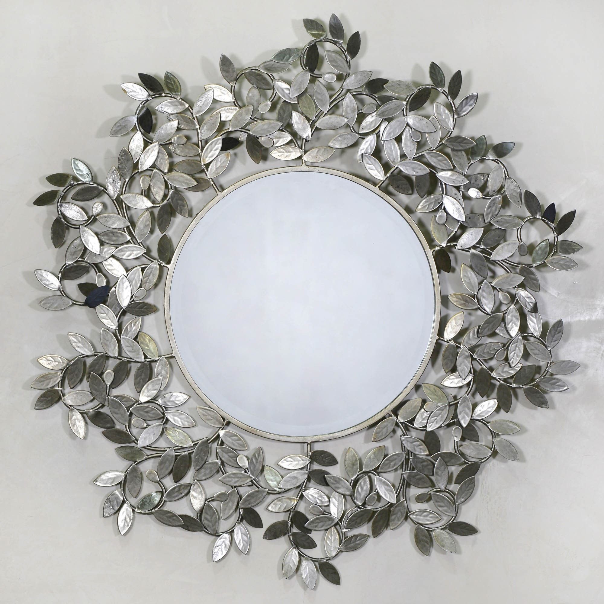 Antique Silver Rose Leaf Metal Framed Wall Mirror | Contemporary Mirror Intended For Brass Iron Framed Wall Mirrors (View 7 of 15)