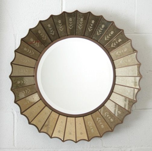 Antiqued Gold Venetian Etched Sunburst Round Wall Mirror 32" Horchow With Carstens Sunburst Leaves Wall Mirrors (View 12 of 15)