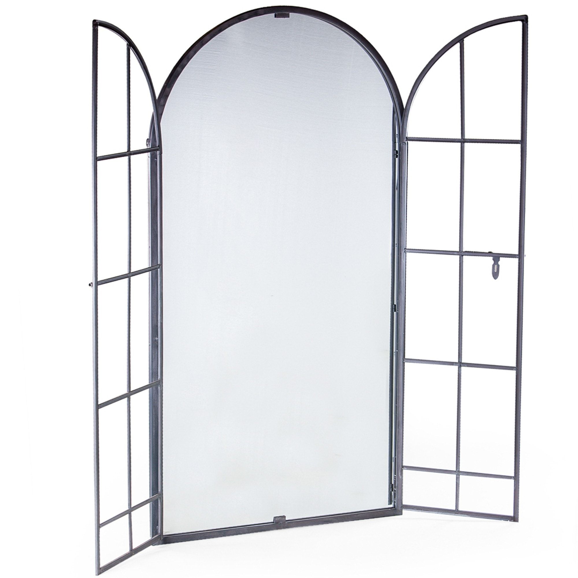 Antiqued Lead Grey Iron Large Arch Window Metal Mirror | Metal Mirror With Metal Arch Window Wall Mirrors (View 5 of 15)