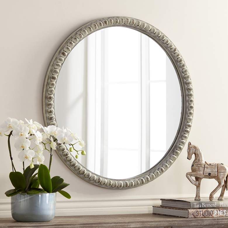 Ariel White Wash 30" Wood Round Wall Mirror – #60j30 | Lamps Plus Pertaining To White Wood Wall Mirrors (View 7 of 15)