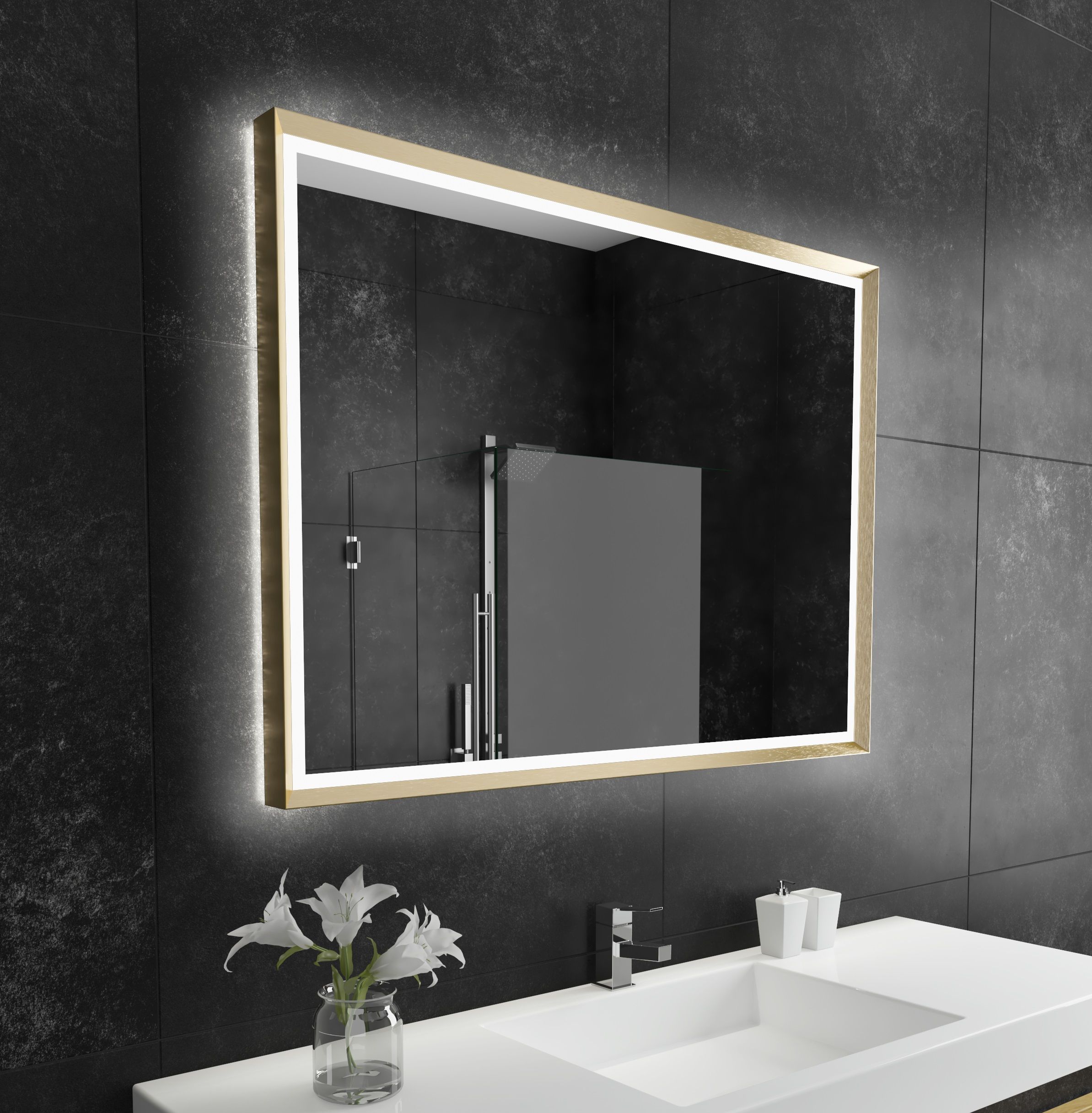 Backlit Mirror Opera 48 X 35 Gold Inside Edge Lit Square Led Wall Mirrors (View 1 of 15)