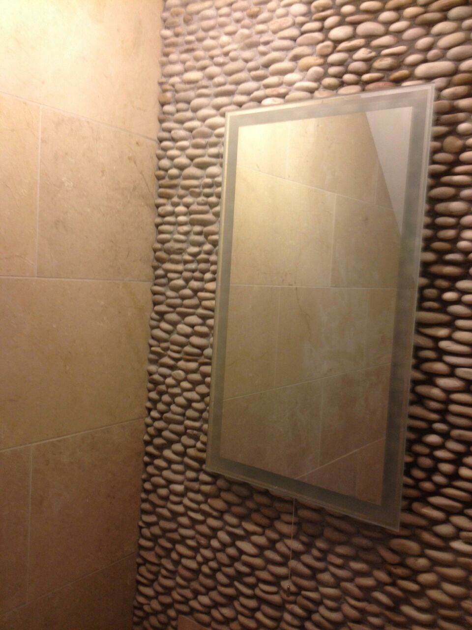 Bathroom Mirror & River Stones Accent Wall | Stone Accent Walls With Hussain Tile Accent Wall Mirrors (View 11 of 15)