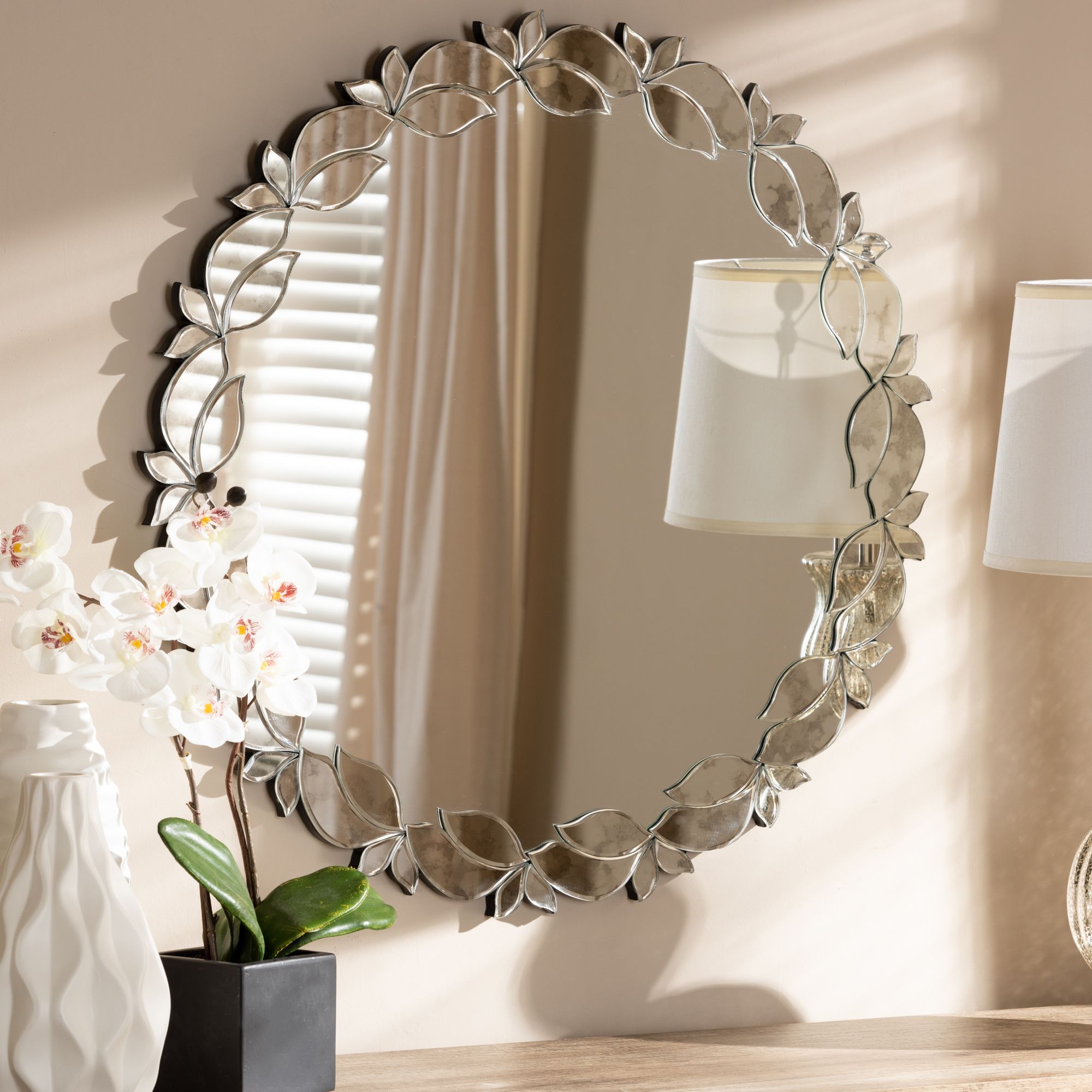 Baxton Studio Luiza Modern And Contemporary Silver Finished Round Petal Regarding Round Modern Wall Mirrors (View 7 of 15)
