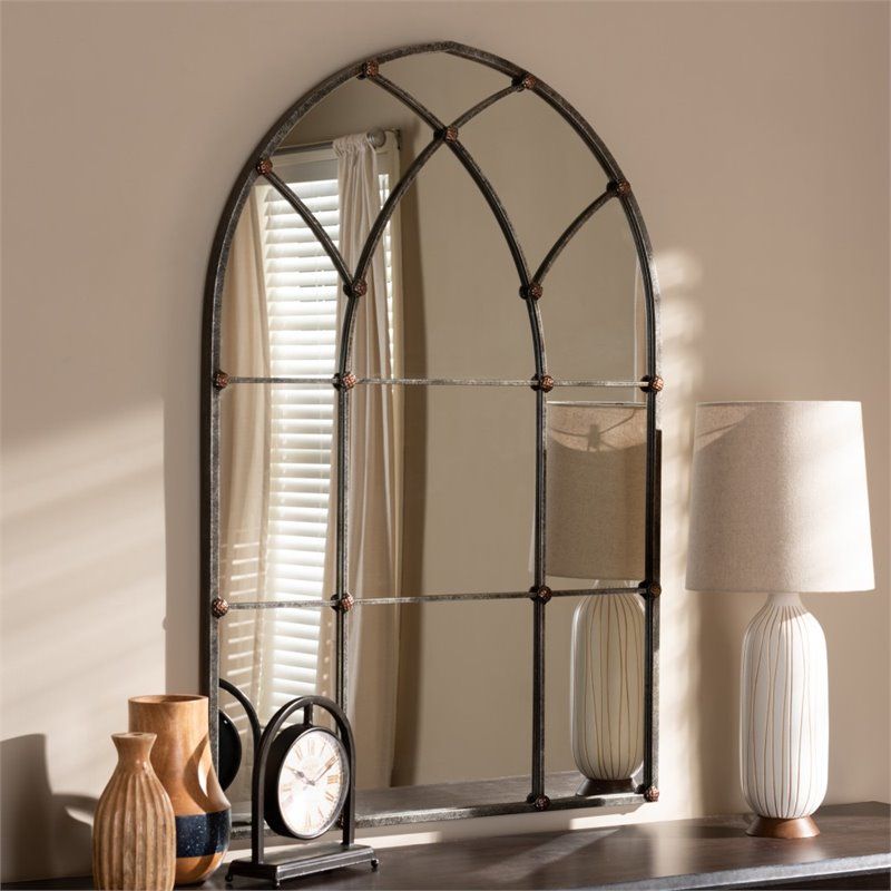 Baxton Studio Tova Decorative Arched Window Wall Mirror In Silver – 150 With Regard To Silver Arch Mirrors (View 15 of 15)