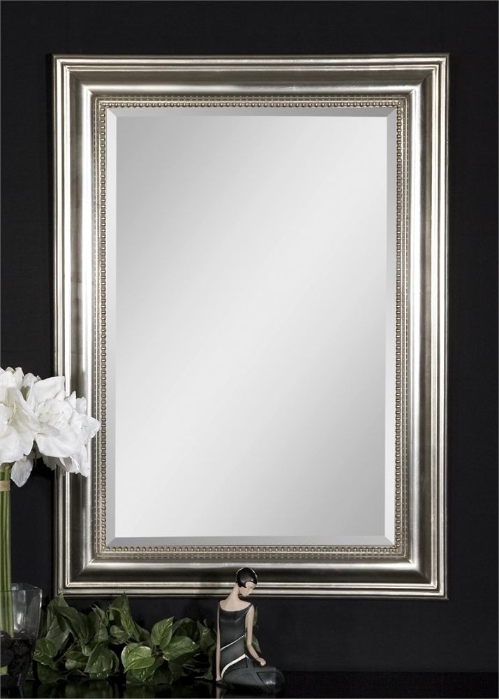 Beaded Silver Leaf Rectangular Beveled Wall Mirror Large 37" Bathroom Throughout Silver Asymmetrical Wall Mirrors (View 7 of 15)