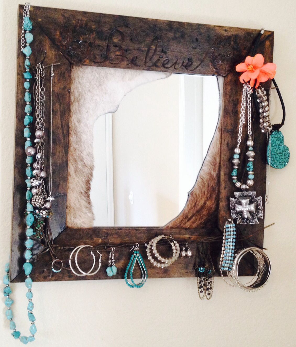 Beautiful "believe" Mirror With Jewelry Hanging On It | Jewelry Mirror Regarding Western Wall Mirrors (View 5 of 15)