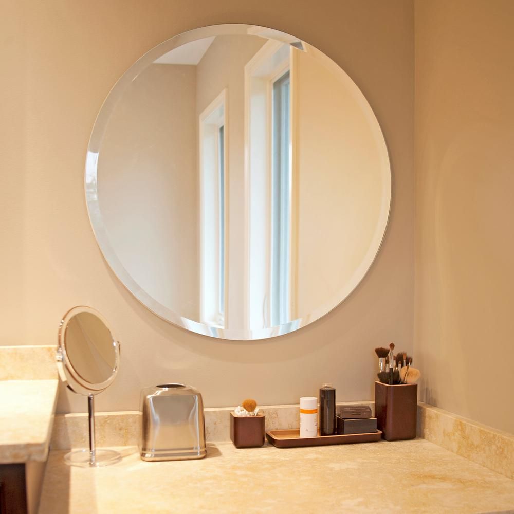 Beautiful Round Frameless Mirror 28inx28in Bevel Accenting Edge Intended For Frameless Round Beveled Wall Mirrors (View 3 of 15)