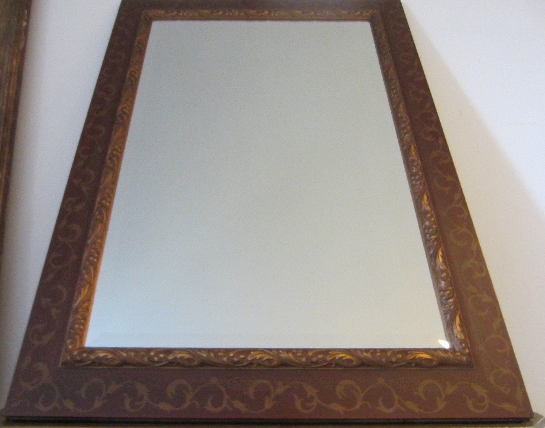 Beveled Mirror Floral Scrolled Gilt Decorated Brown Rectangle Wood Intended For Lugo Rectangle Accent Mirrors (View 14 of 15)