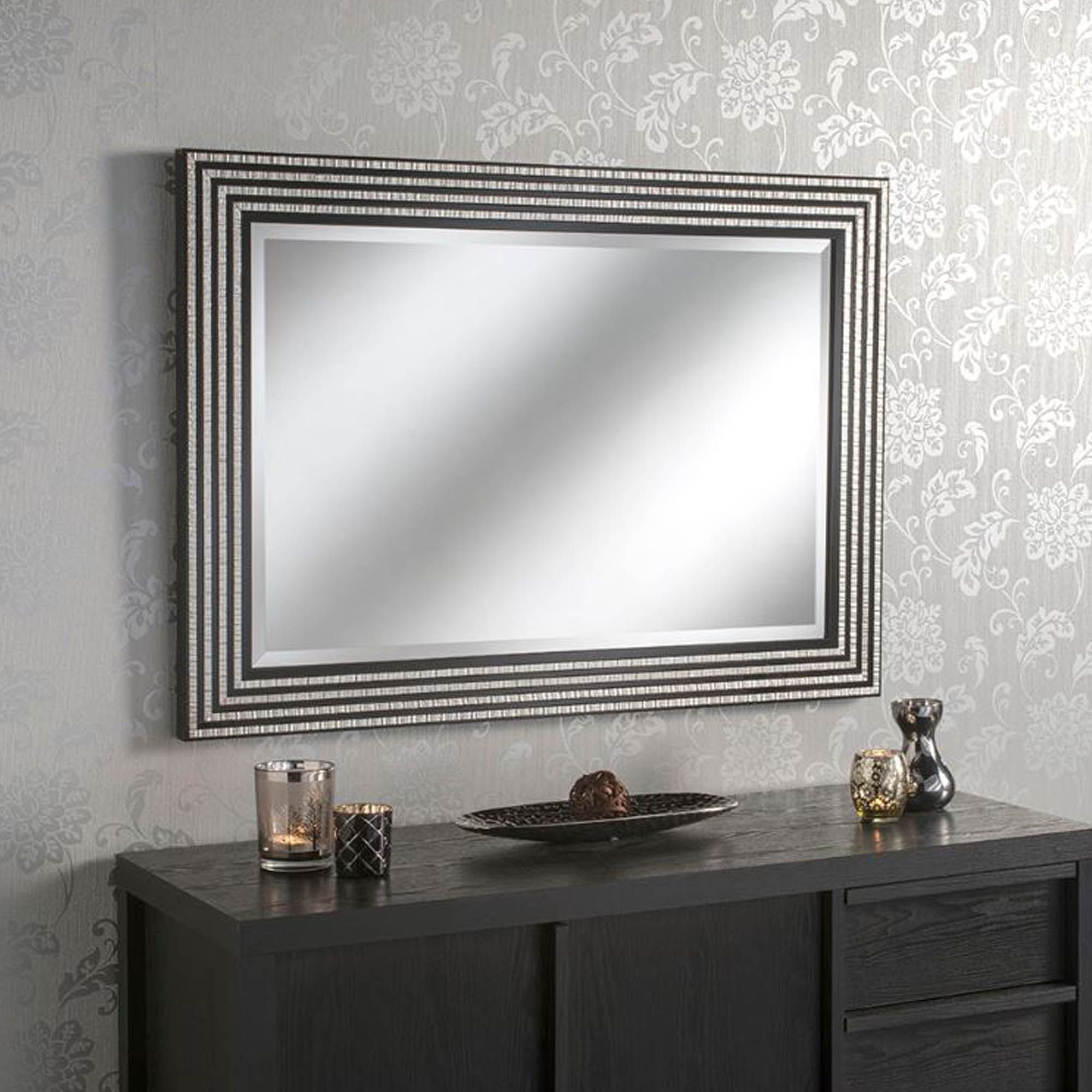 Black And Silver Line Rectangular Wall Mirror | Homesdirect365 Regarding Black Wall Mirrors (View 3 of 15)