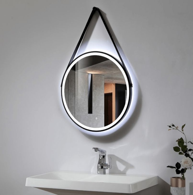 Black Framed Strap Hanging Led Round Mirror 60cm | Free Delivery Pertaining To Matte Black Led Wall Mirrors (View 8 of 15)