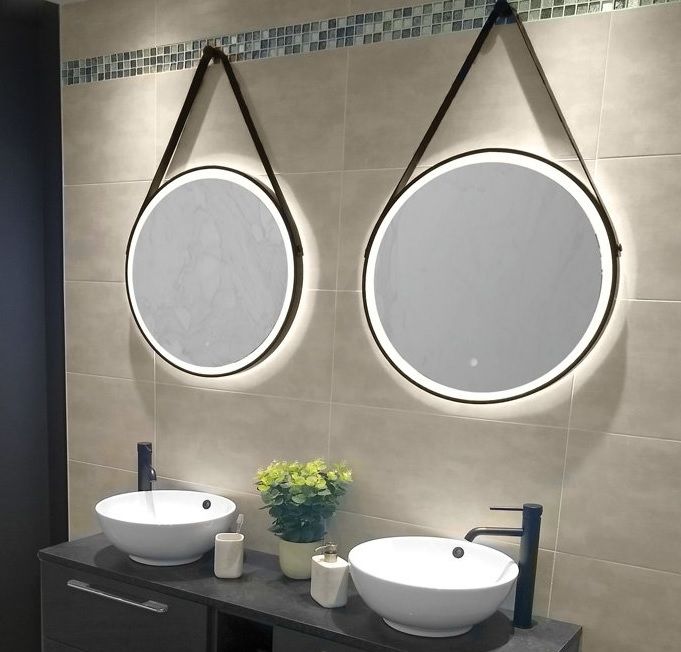 Black Framed Strap Hanging Led Round Mirror 60cm | Free Delivery Regarding Matte Black Led Wall Mirrors (View 2 of 15)