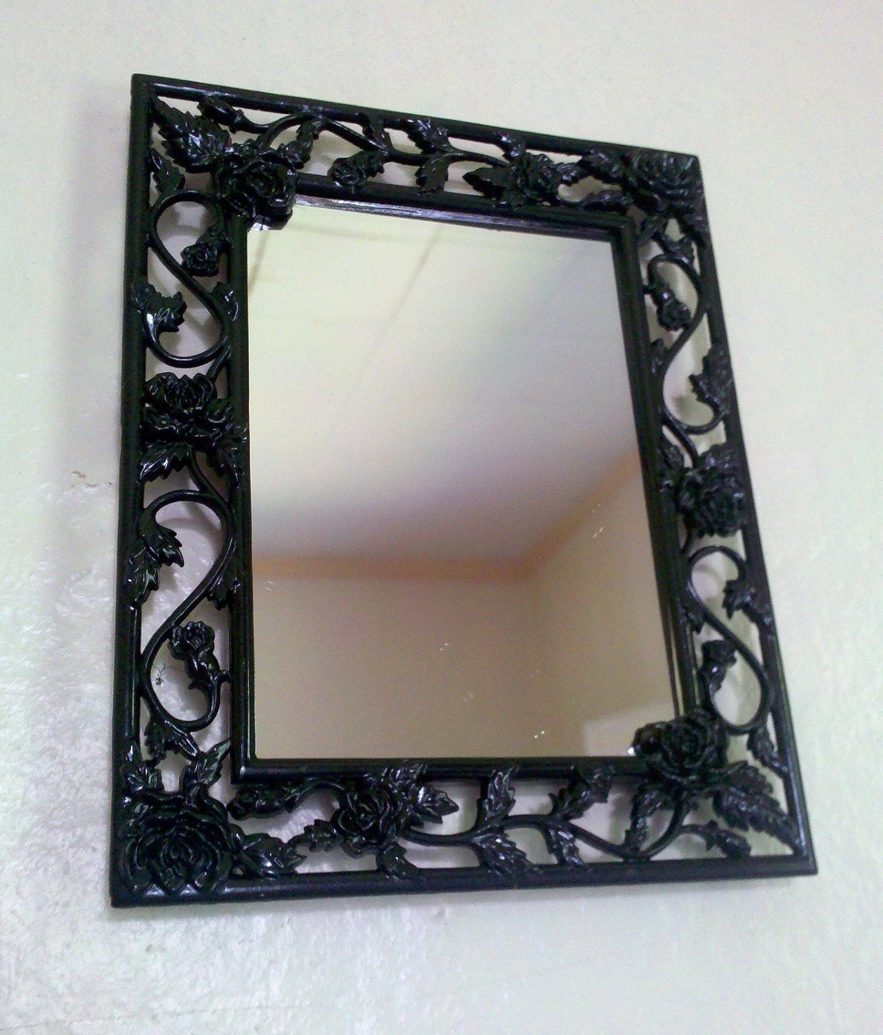 Black Roses Mirror Metal Frame In Glossy Black Regarding Glossy Red Wall Mirrors (View 1 of 15)