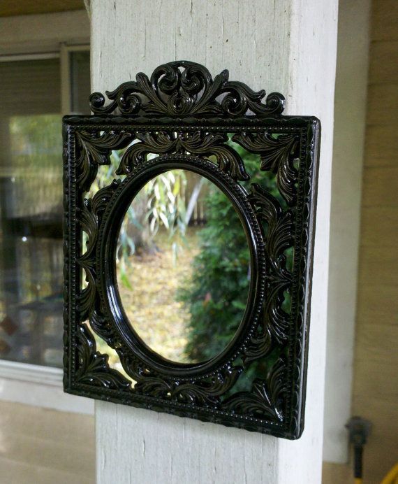 Black Wall Mirror In Ornate Vintage Brass Frame | Etsy | Black Wall Within Antique Aluminum Wall Mirrors (View 11 of 15)