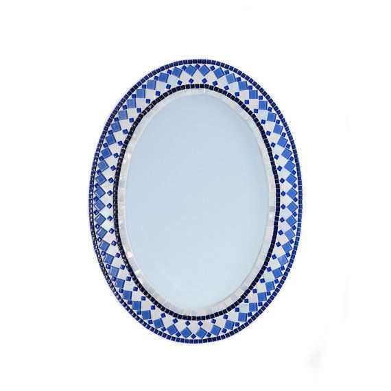 Blue And White Oval Mosaic Wall Mirror / Geometric Mirror / Large Within Mosaic Oval Wall Mirrors (View 13 of 15)