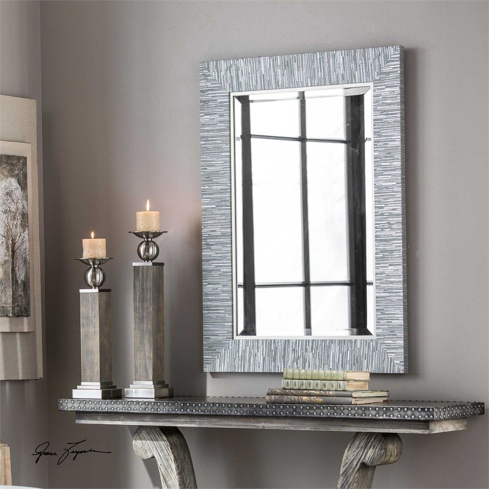 Blue Gray Silver Striped Wood Wall Mirror Rectangular Coastal Beach Inside Gray Washed Wood Wall Mirrors (View 13 of 15)