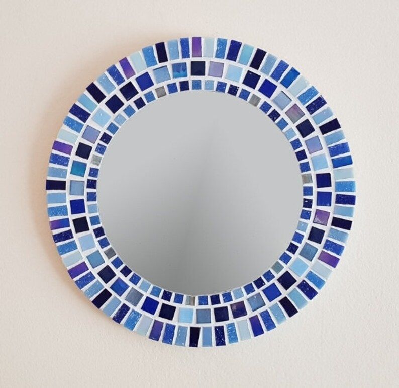 Blue Mosaic Wall Mirror / Round Mirror / Bathroom Mirror / | Etsy Intended For Blue Wall Mirrors (Photo 8 of 15)