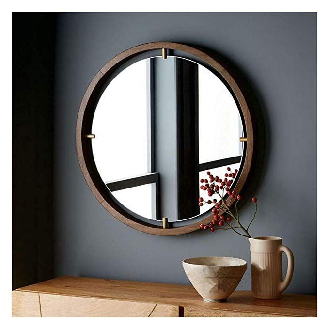 Brown Bathroom Wood Frame Mirror Wall Mounted Round Living Room Intended For Brown Leather Round Wall Mirrors (View 7 of 15)