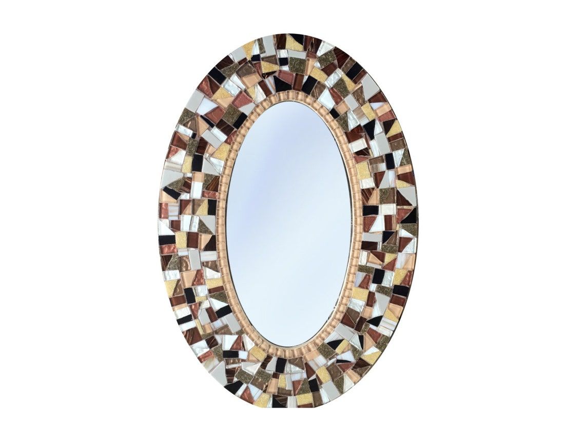 Brown Oval Wall Mirror // Mosaic Mirror // Wall Decor | Etsy In Mosaic Oval Wall Mirrors (View 9 of 15)