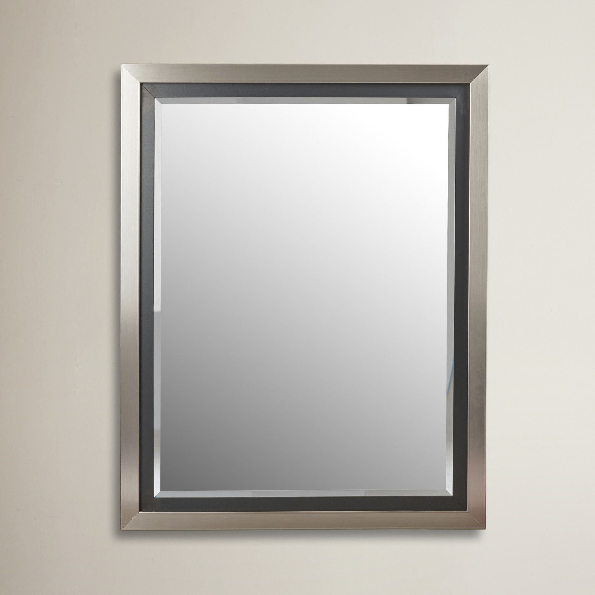 Brushed Nickel Silver And Satin Black Wide Flat Wall Mirror | Mirror Pertaining To Matte Black Octagonal Wall Mirrors (View 10 of 15)
