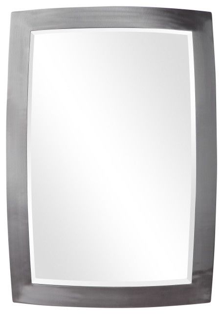 Brushed Silver Curved Frame Wall Mirror 34" Vanity Modern Rounded Regarding Hogge Modern Brushed Nickel Large Frame Wall Mirrors (Photo 10 of 15)