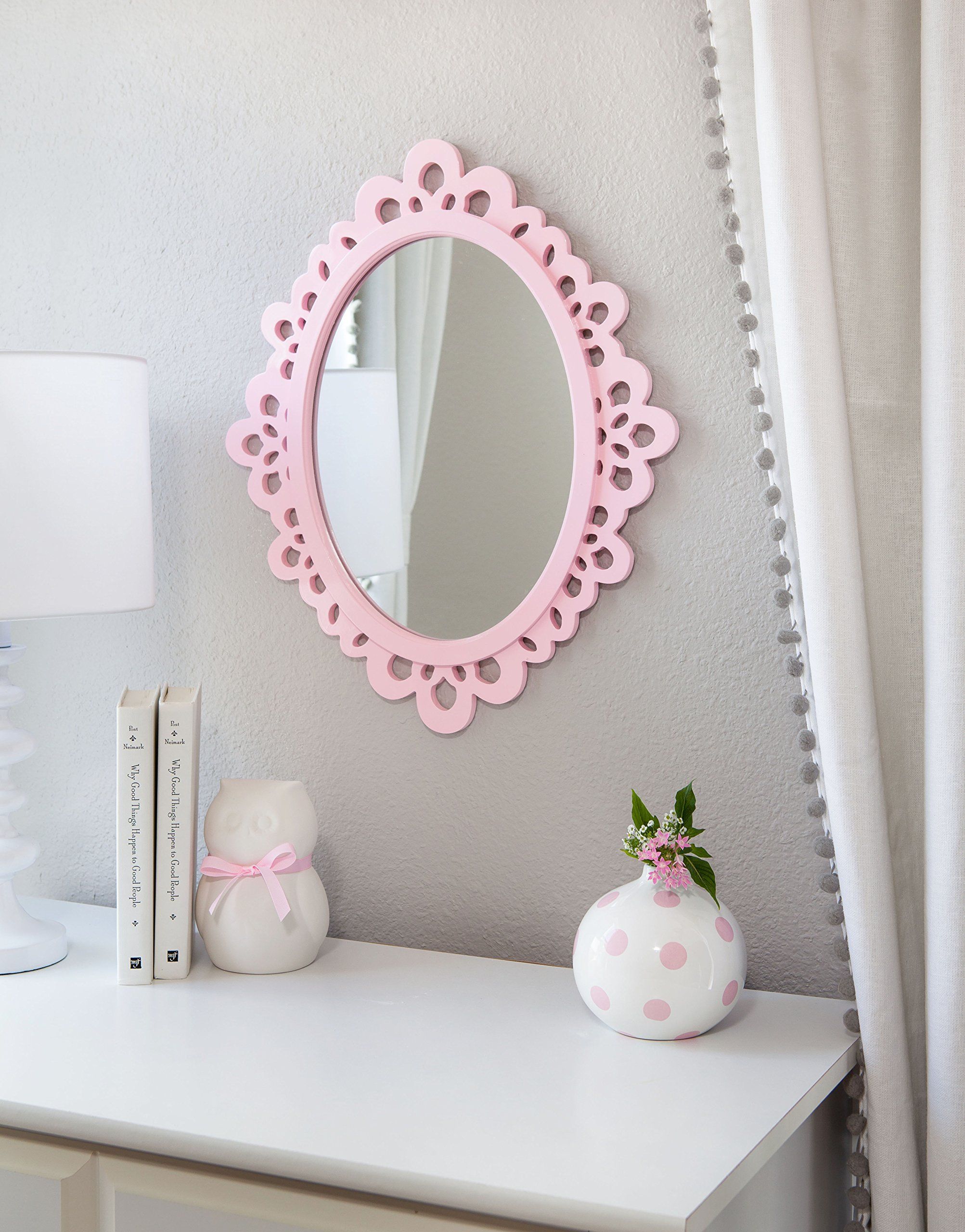 Butterfly Craze Decorative Oval Wall Mirror White Wooden Frame For Intended For Pink Wall Mirrors (View 2 of 15)