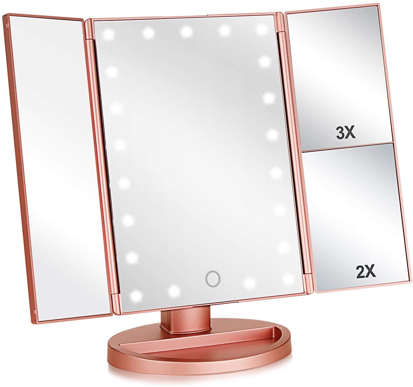 Buy Elysian Rose Gold Trifold Makeup Mirror  24 Led Lighted With With Gold Led Wall Mirrors (View 13 of 15)