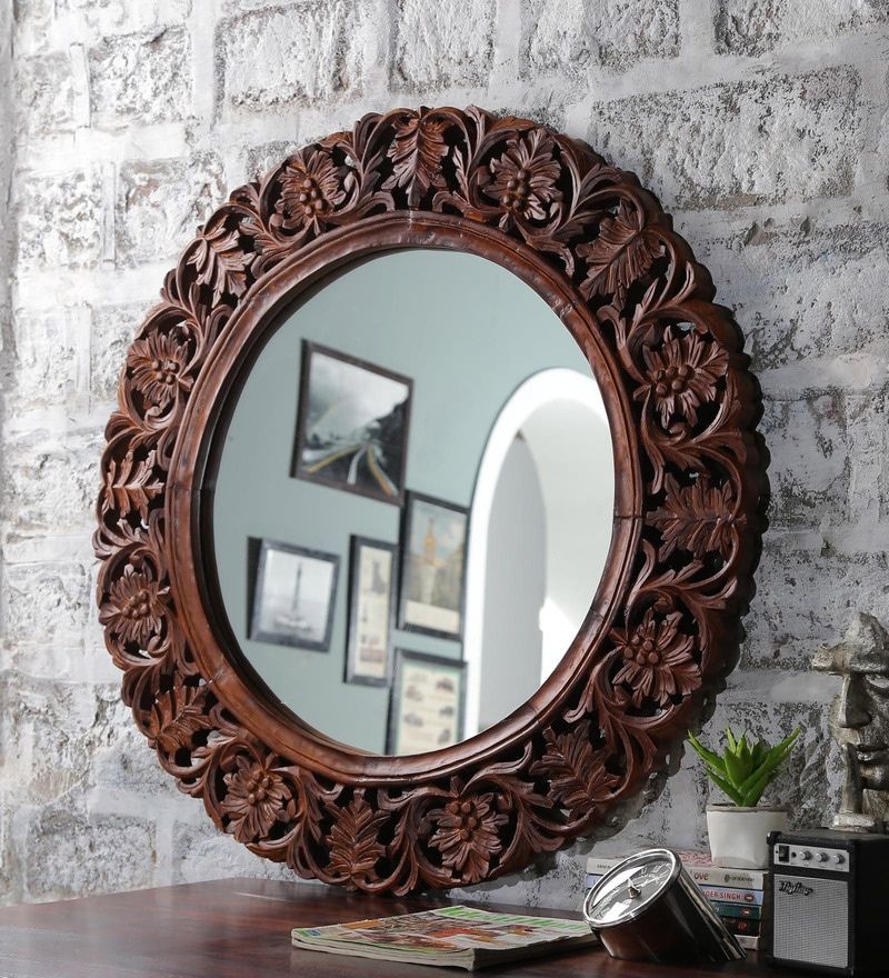 Buy Kapono Round Wall Mirror In Solid Wood Framehanumant Online Inside Organic Natural Wood Round Wall Mirrors (View 8 of 15)