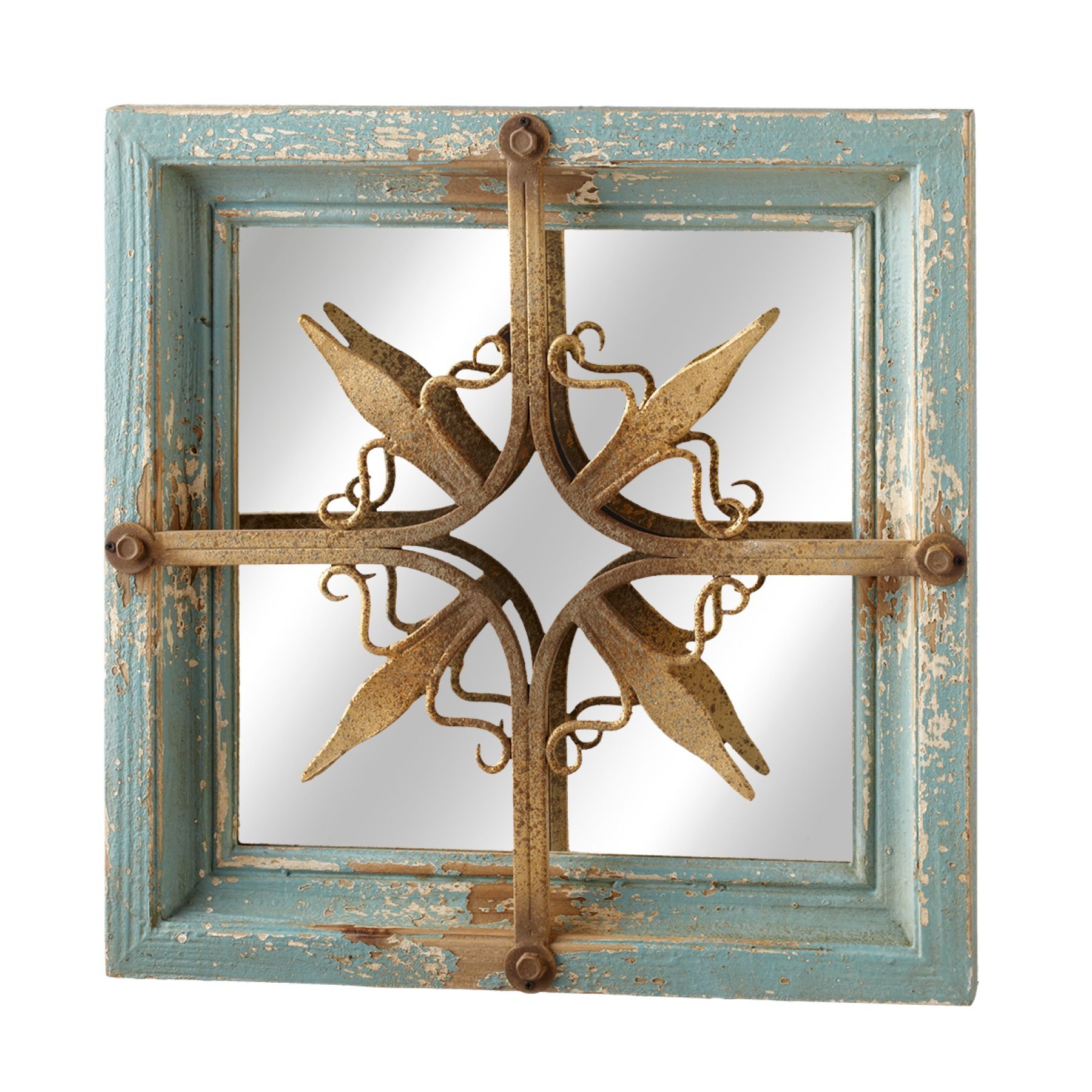 Cbk Mdf Distressed Blue And Gold Star Square Wall Mirror 126613 Inside Glossy Blue Wall Mirrors (View 3 of 15)