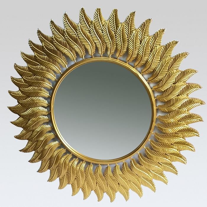 China Customized Golden Metal Feather Round Mirror Manufacturers Throughout Golden Voyage Round Wall Mirrors (View 3 of 15)