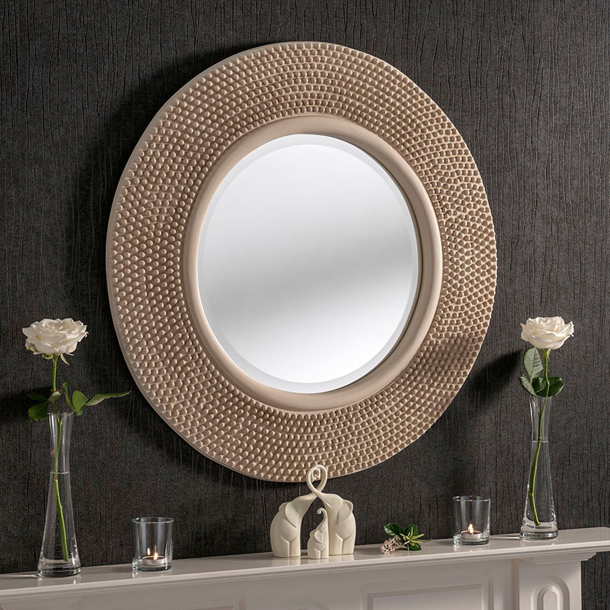 Circular Contemporary Ivory Studded Wall Mirror | Wall Mirrors Inside Round Grid Wall Mirrors (View 1 of 15)