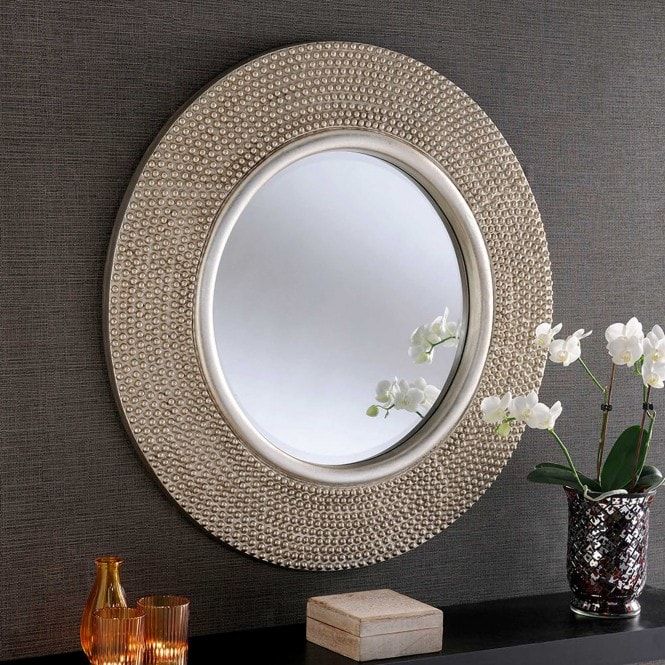 Circular Contemporary Silver Studded Wall Mirror | Wall Mirrors For Round Scalloped Wall Mirrors (View 15 of 15)