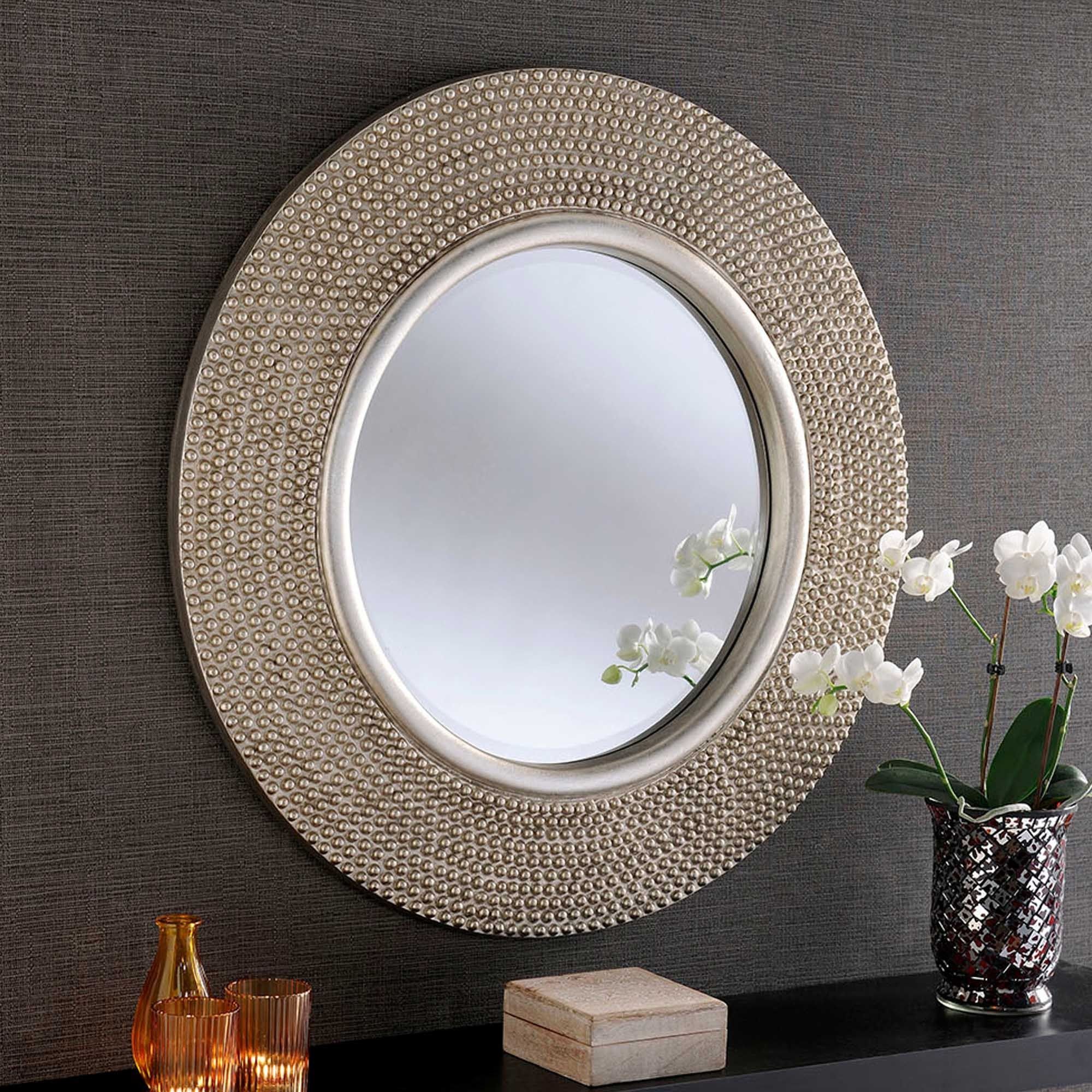 Circular Contemporary Silver Studded Wall Mirror | Wall Mirrors In Free Floating Printed Glass Round Wall Mirrors (View 11 of 15)