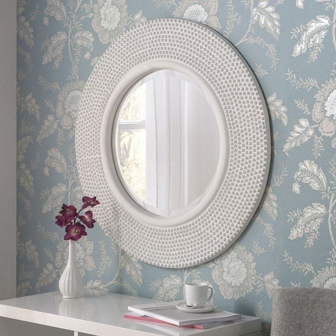Circular Contemporary White Studded Wall Mirror | Wall Mirrors For Round Scalloped Wall Mirrors (View 3 of 15)
