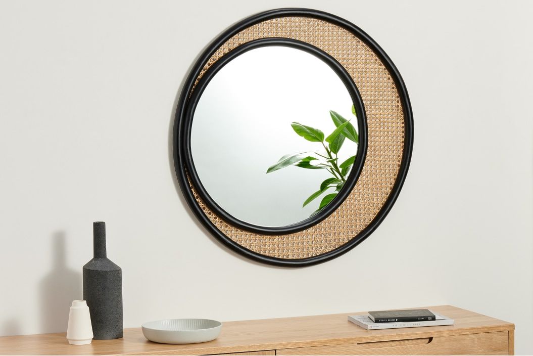 Coretta Round Rattan Round Wall Mirror, 80cm, Natural & Black | Made Inside Midnight Black Round Wall Mirrors (View 6 of 15)
