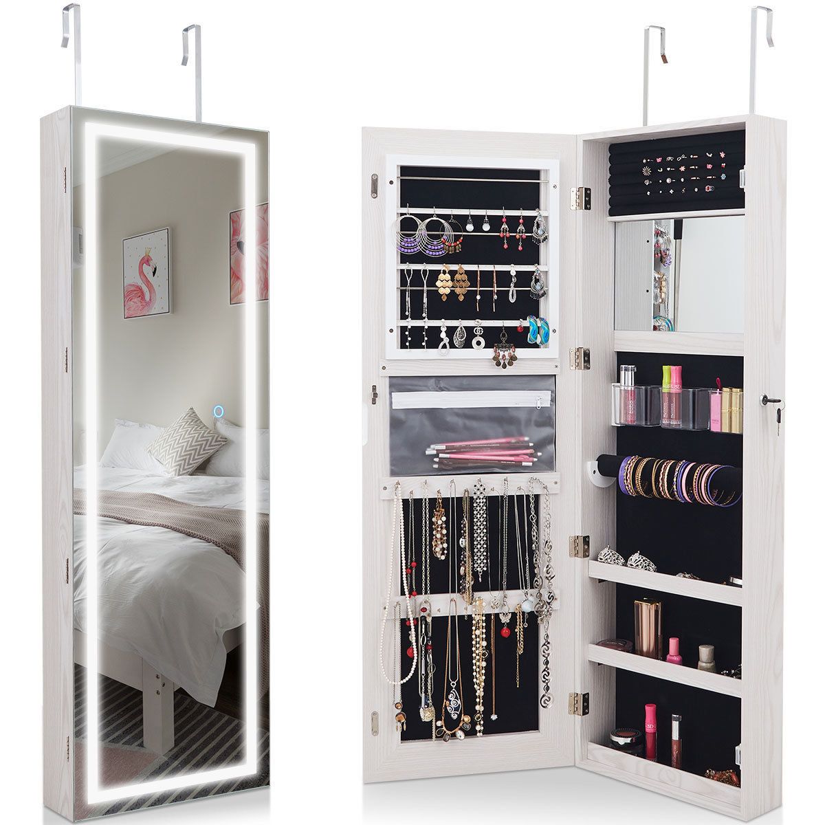 Costway Door Wall Mount Touch Screen Led Light Mirrored Jewelry Cabinet Pertaining To Hallas Wall Organizer Mirrors (View 12 of 15)