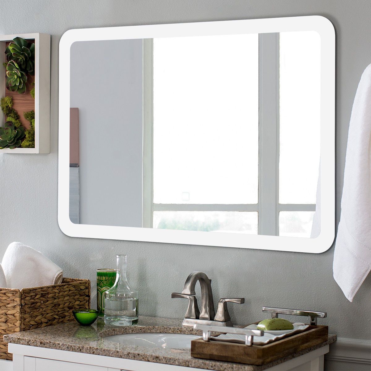 Costway Led Wall Mounted Mirror Bathroom Makeup Illuminated Rounded Arc With Regard To Cut Corner Wall Mirrors (View 5 of 15)
