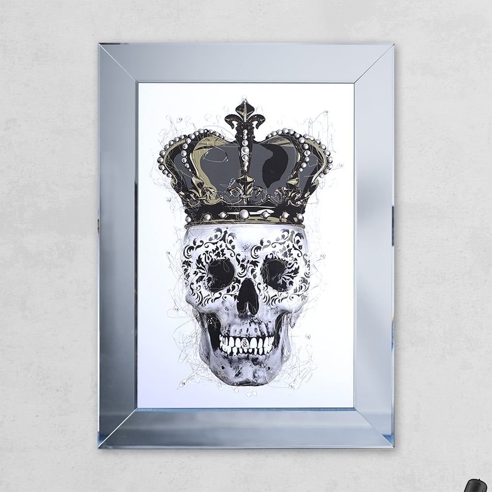 Crown White Skull Print Mirror With Liquid Glass And Swarovski Crystals In Printed Art Glass Wall Mirrors (View 7 of 15)