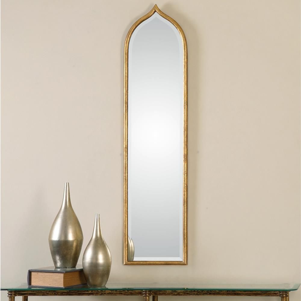 Dala Bazaar Antique Gold Narrow Arch Wall Mirror | Kathy Kuo Home Inside Gold Arch Top Wall Mirrors (View 1 of 15)