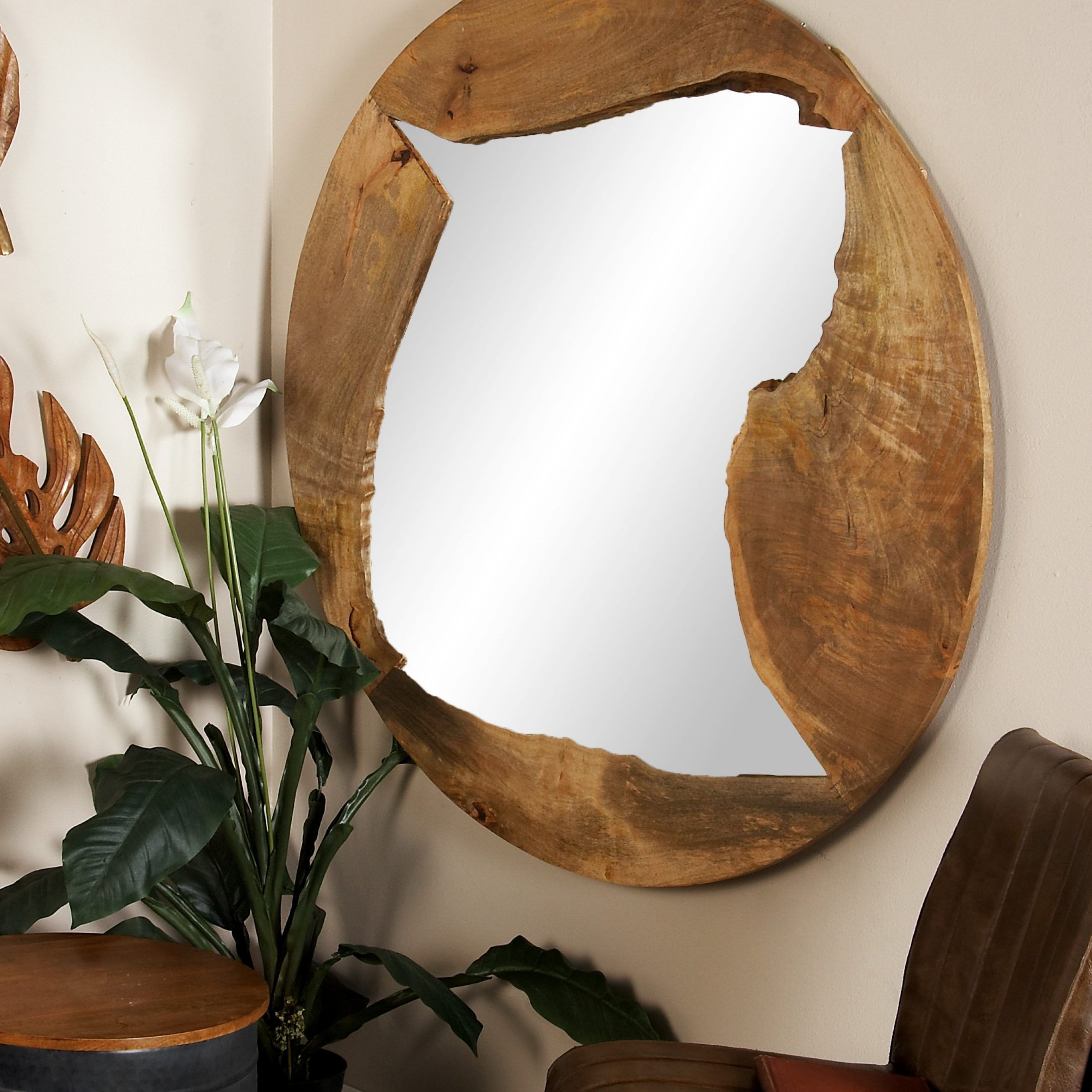 Decmode – 48" Large Round Natural Live Edge Reclaimed Wood Wall Mirror Within Round Scalloped Wall Mirrors (View 2 of 15)