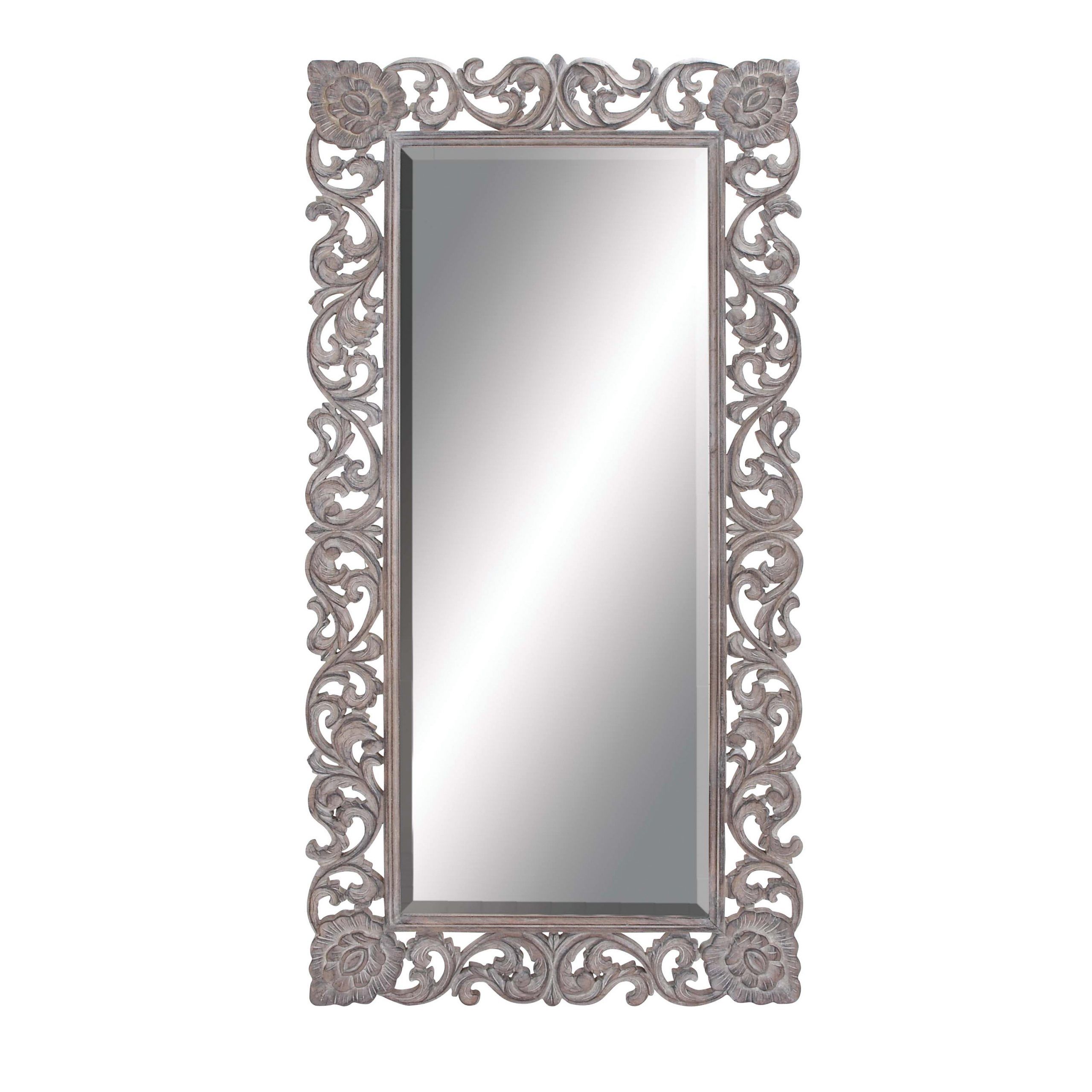 Decmode Full Length Rectangular Distressed Grey Wood Carved Frame Wall Pertaining To Mahogany Full Length Mirrors (View 7 of 15)