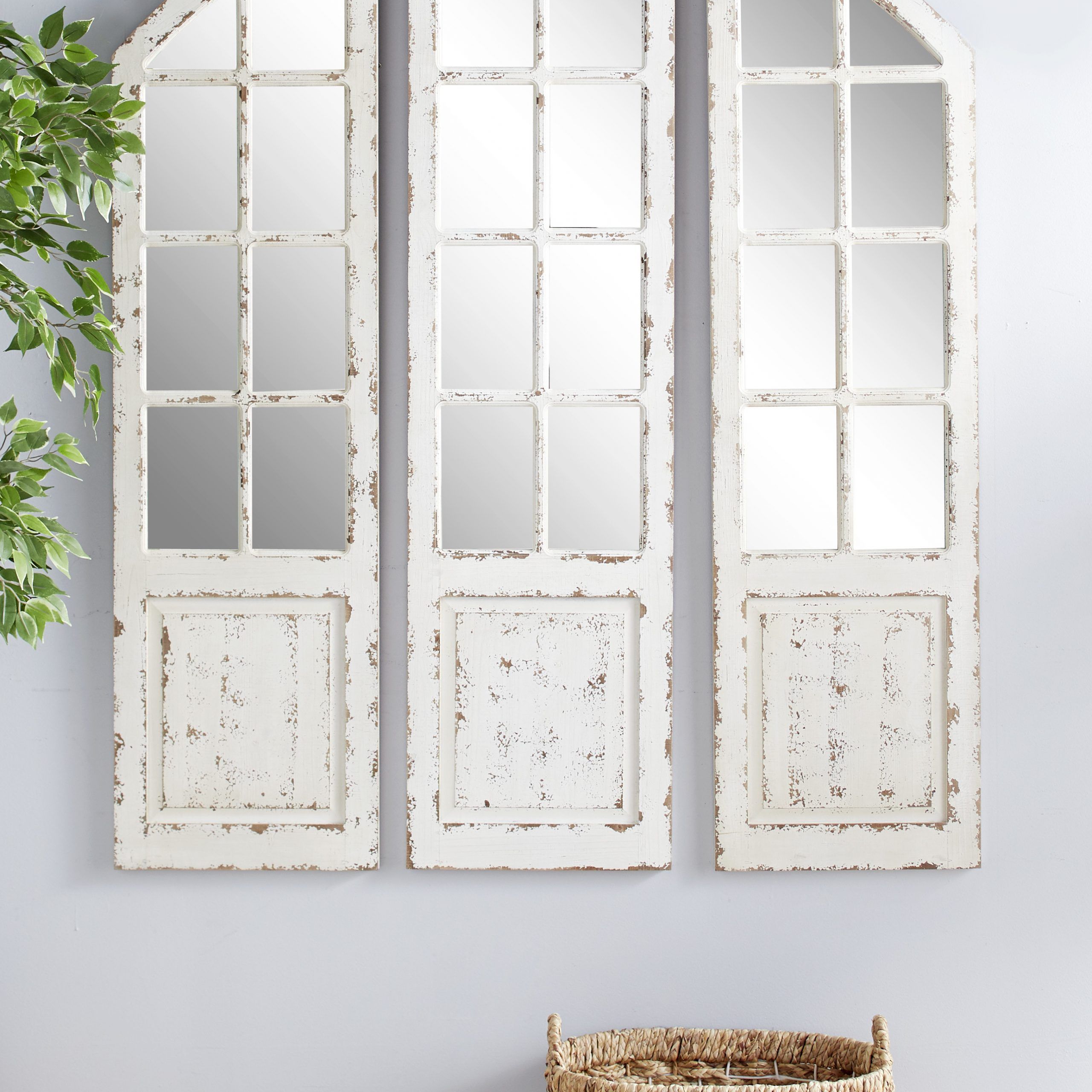 Decmode Large Distressed White Wood 3 Panel Arched Wall Mirror W In Metal Arch Window Wall Mirrors (View 6 of 15)