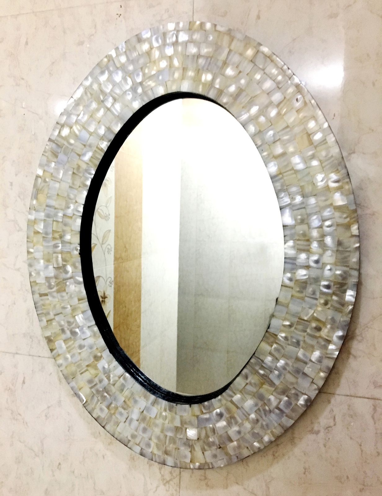 Decorative Beveled Oval Wall Mirror With White Mother Of Pearl Inlay Inside Oval Metallic Accent Mirrors (View 6 of 15)