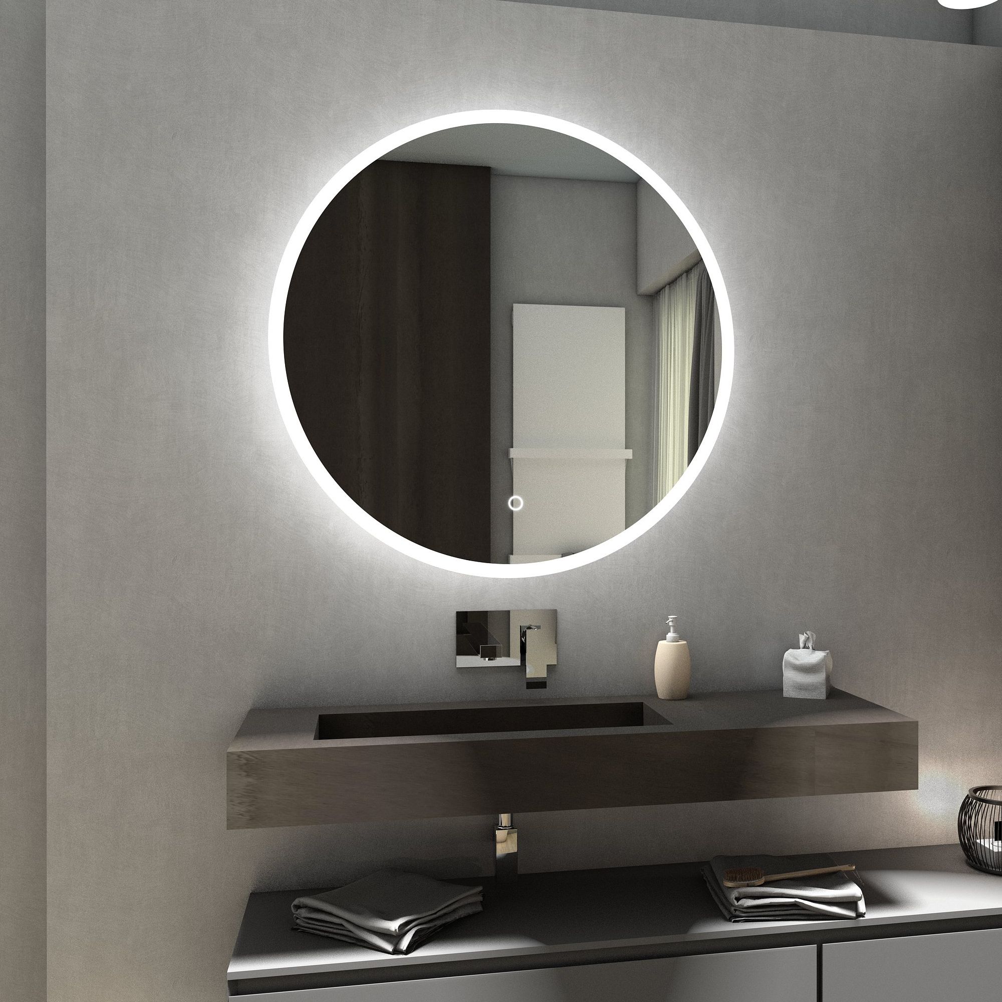 Delhi Round Illuminated Led Bathroom Mirror Wall Mirrors | Switches Intended For Front Lit Led Wall Mirrors (View 6 of 15)