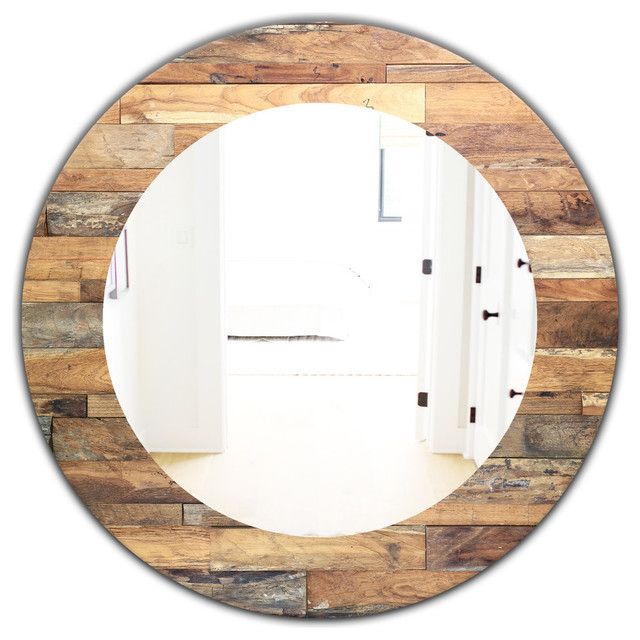 Designart Wood Iv Modern Frameless Oval Or Round Wall Mirror – Rustic Throughout Celeste Frameless Round Wall Mirrors (View 3 of 15)