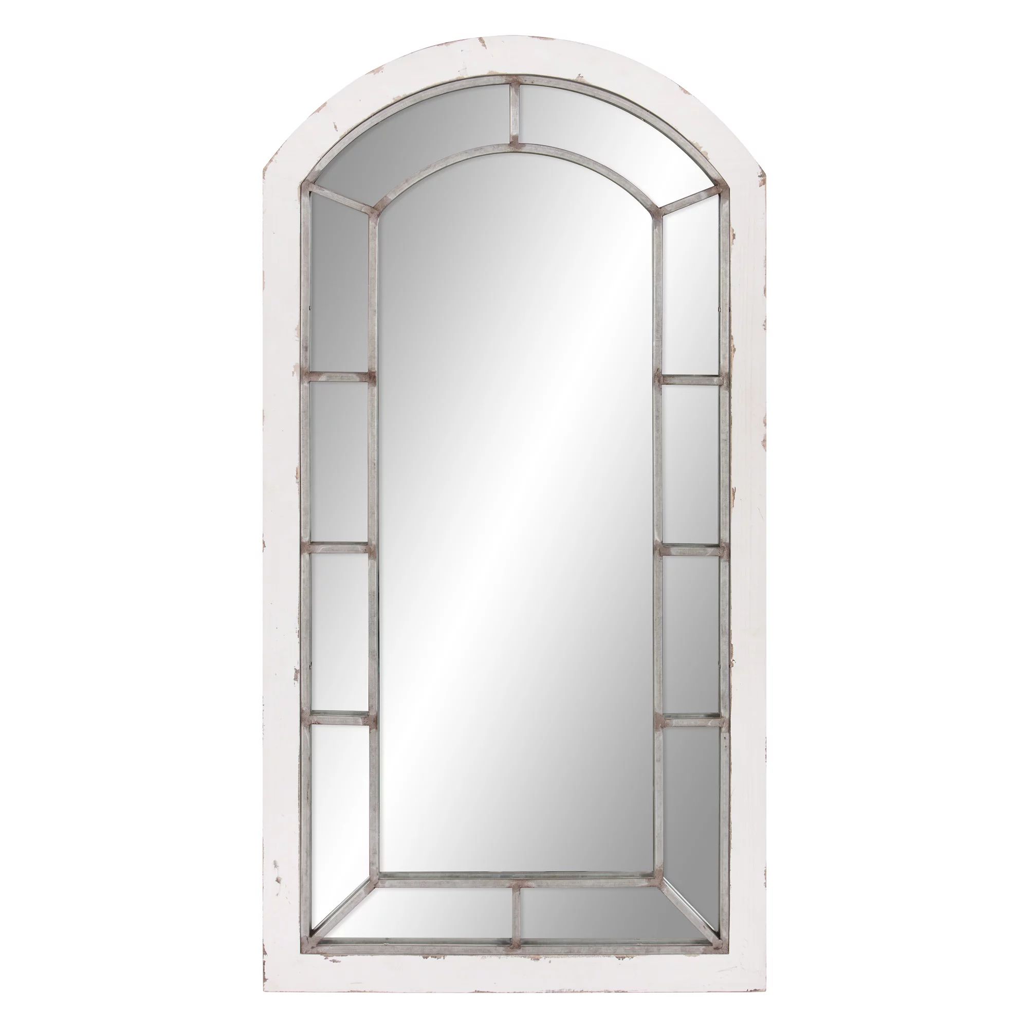 Distressed White And Antique Silver Arch Windowpane Wall Mirror 24"x44 Intended For Antiqued Silver Quatrefoil Wall Mirrors (View 14 of 15)