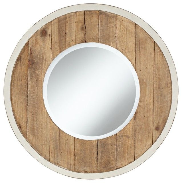 Distressed White And Natural Wood 30" Round Wall Mirror – Traditional In Distressed Black Round Wall Mirrors (View 8 of 15)
