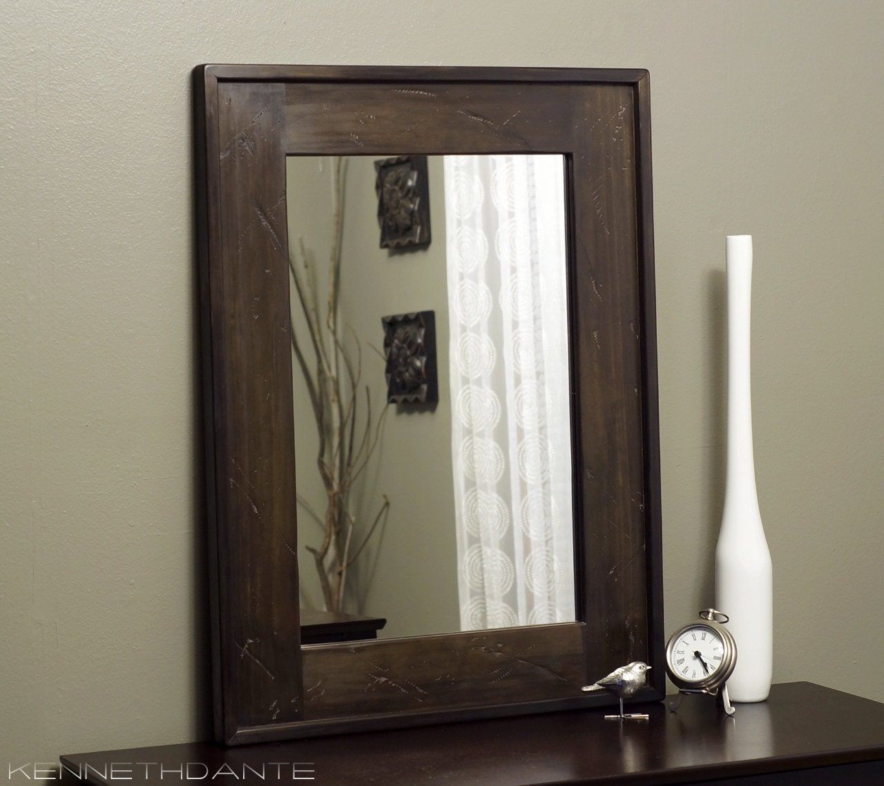 Distressed Wood Mirror Dark Brown Bathroom Rustickennethdante Throughout Medium Brown Wood Wall Mirrors (View 4 of 15)