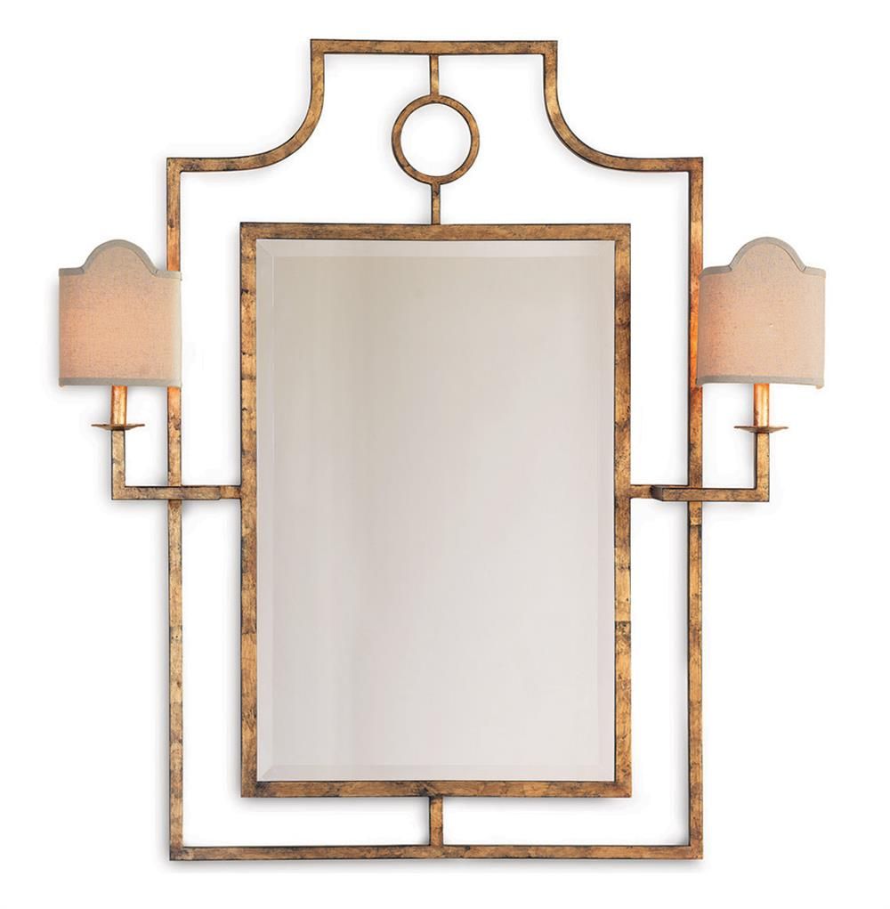 Doheny Hollywood Regency Bamboo Gold Leaf Wall Mirror With Sconces Regarding Gold Leaf Metal Wall Mirrors (View 6 of 15)